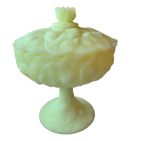 Fenton Lidded Uranium Glass Compote Dish With Water Lily  Motif - Picture 9 of 16